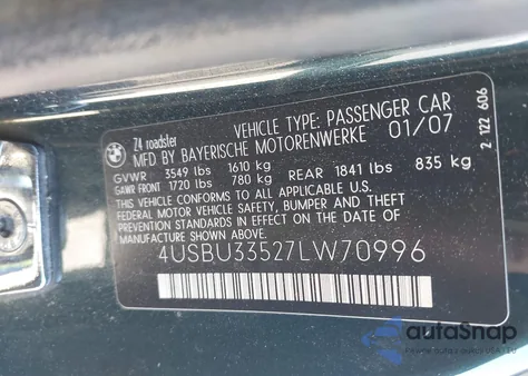2007 BMW Z4 3.0I z USA, uszkodzony, nr VIN 4USBU33527LW70996